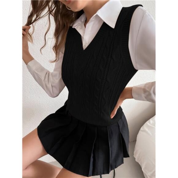 Solid Cable Knit Sweater Vest Without Blouse - Picture 5 of 6